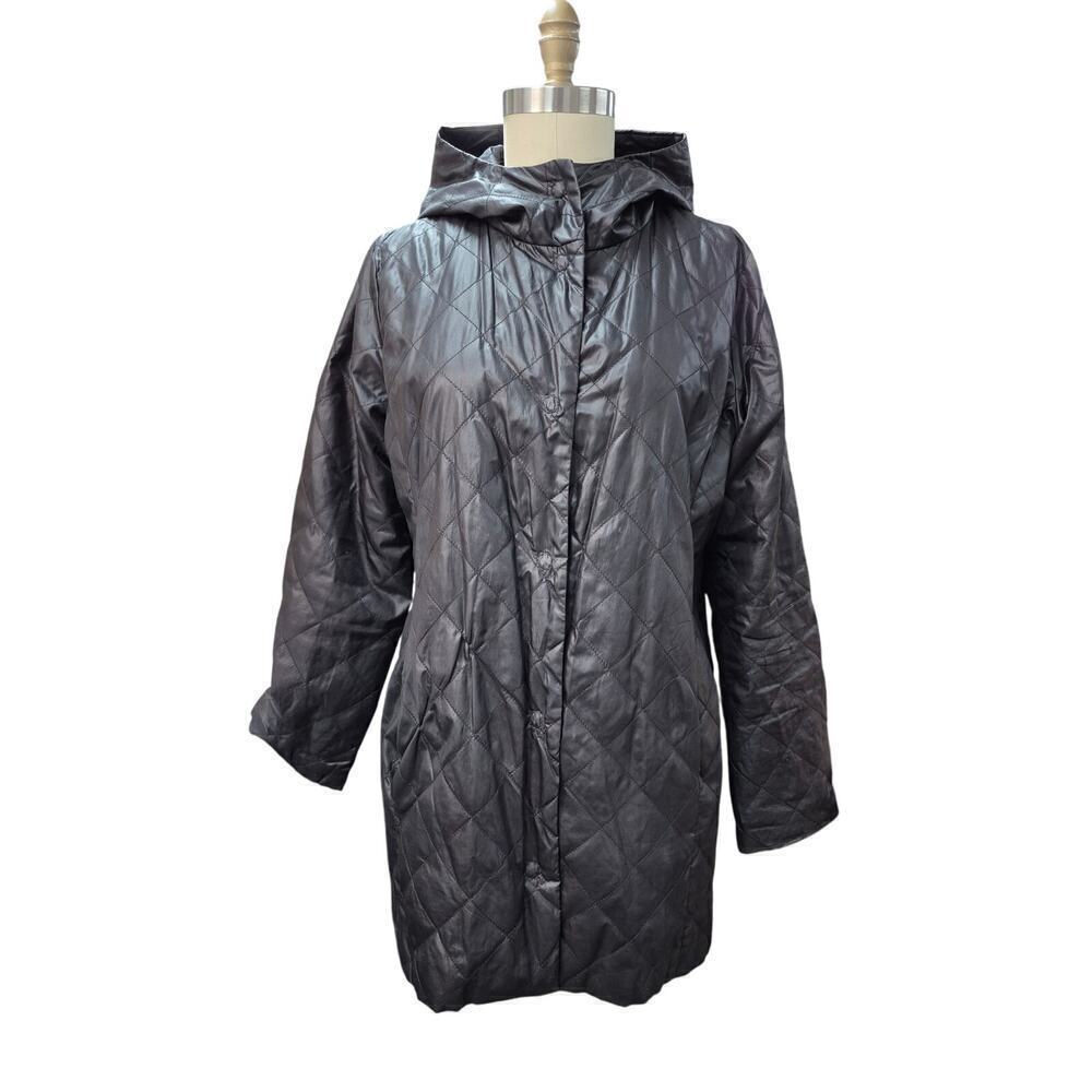 Eileen Fisher Quilted Puffer Coat Polyester/Rayon Black  Lightweight Hooded Sz L